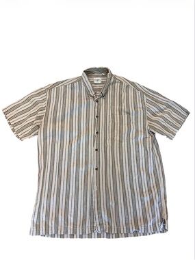 Short-Sleeve Vertical Stripe Button-Down Shirt - Beige/Gray